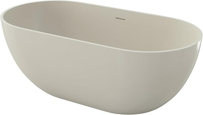 Premium 59" Warm Grey Solid Surface Free Standing Bathtub, Upgraded Oval Resin Stone Tub with Overflow and Pop-up Drain