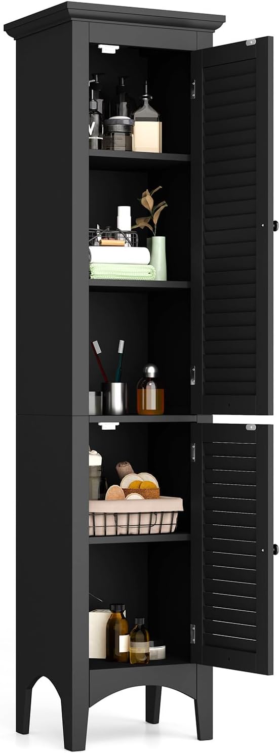 Tangkula 63" Tall Bathroom Storage Cabinet, Freestanding Narrow Linen Tower with Adjustable Shelf, Modern Slim Floor Cabinet with 2 Doors for Bathroom, Living Room, Kitchen (Black)