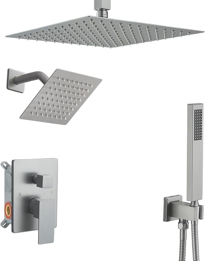 Brushed Nickel Shower System, Knob Switch Diverter Shower Faucet Set with High Pressure Handheld Spray, Ceiling Mount 10 Inch Shower Head with 6 Inch Wall Mount Shower Head