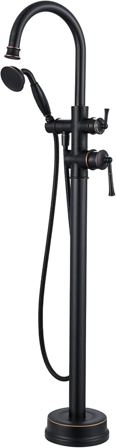 Freestanding Tub Faucet, Floor Mount Tub Faucet Oil Rubbed Bronze High Flow Tub Filler, Roman Tub Faucet with Antique Handheld, Swivel Gooseneck Spout Shower Mixer Taps (B2311-ORB)