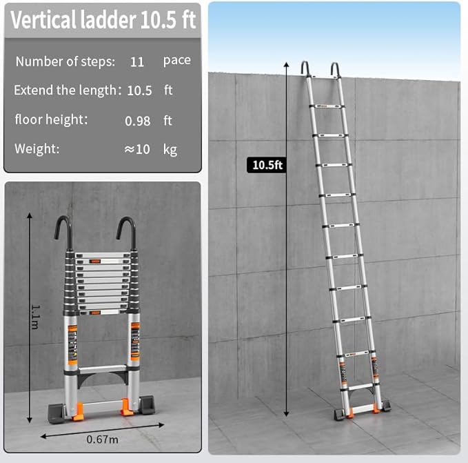 Telescoping Ladder,10.5FT Aluminum Multi-Purpose Collapsible Ladder with Stabilizers and Hooks,Jiashche Portable Extension Ladder for RV or Outdoor Work Silver,330lb Max Capacity