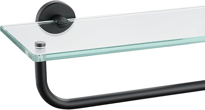 JQK Bathroom Glass Shelf, Shelf with 29 Inch Towel Bar Tempered Glass Shower Storage 30 by 5 inches, 304 Stainless Steel Matte Black Wall Mount, TGS100L30-PB