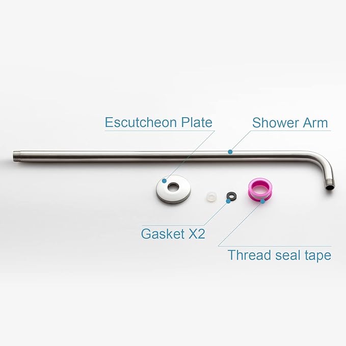 OFFO Shower Arm with Flange, 24 in Brushed Nickel Wall Mount Replacement Angle Shower Head Arm Wall-Mounted For Fixed Shower Head & Handheld Showerhead