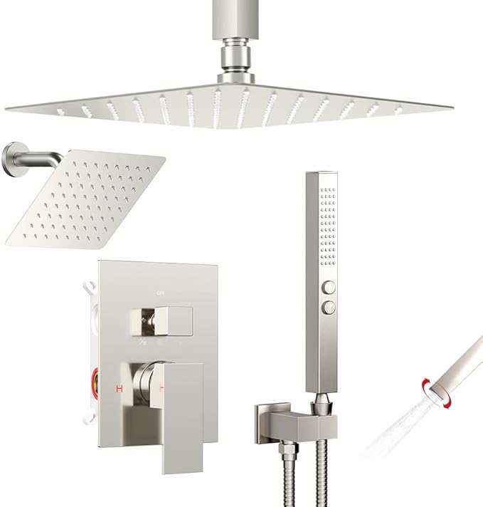 Shower Faucet Set Brushed Nickel Shower System,Bostingner Five Function Diverter Shower Faucet with 2 in 1 Handheld,10'' Ceiling Mount and 6’‘ Wall Mount Shower Head Rainfall Shower Set with Valve
