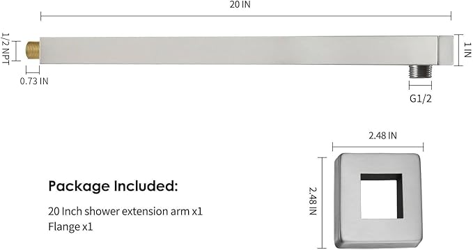 BESy 20 Inches Straight Extended Shower Arm With Flange, Rain Shower Head Extension Arms, Square Shower Rod Shower Head Extender Arm Shower Pipe Extension, Wall-Mounted Brushed Nickel Stainless Steel