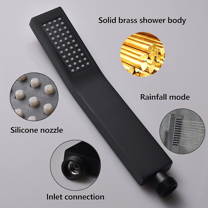 Brass Handheld Shower Head Kit Square Shower Heads with 59'' Stainless Steel Shower Hose And Adjustable Solid Brass Bracket High Pressure Hand Held Shower Head Combo, Matte Black