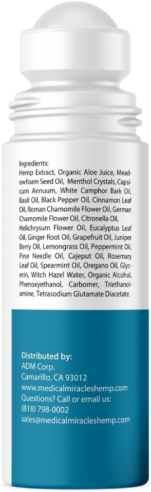 Medical Miracles New Hemp Oil Roll On - Ideal for Muscles, HIPS, Joints, Neck, Back, Elbows, Fingers, Hands, and Knees Made in USA (1500mg Roll-On)