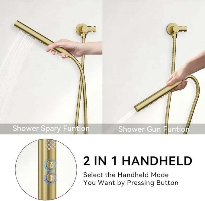 Shower Systems Shower Faucet Sets STARBATH 3 Way 12+6" Round Dual Rainfall Shower Head with Handheld Spray Combo, Ceiling Mounted Rain Shower Valve with 5 Diverter and Trim Kit Complete, Brushed Gold