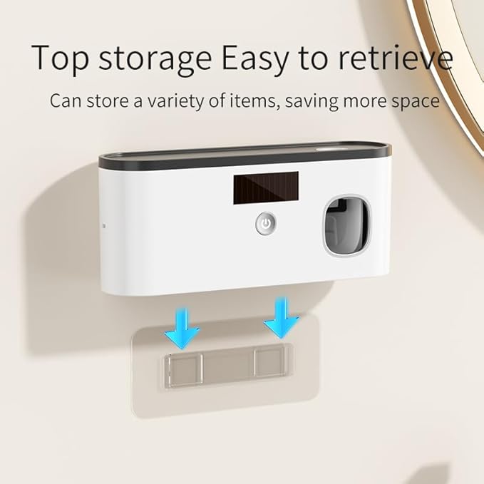 Toothbrush Holders for Bathrooms, Toothbrush Holder Wall Mounted with Toothpaste Dispenser Bathroom Solar Charging and No Drilling Required Tooth Brush Holder with 5 Brush Slots（Black）