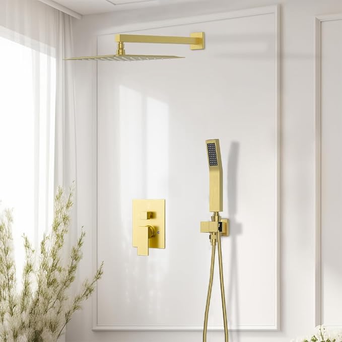 Shower Faucet Set Brushed Gold Shower System, Starbath 10" Rain Shower Head and Handheld Spray Shower Set Complete Wall Mounted,2 Way Pressure Balance Shower Valve and Trim Kit Included