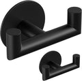 2 Pack Black Bathroom Hooks for Towels - Self Adhesive Double Hooks for Wall, No Drilling, Matte Finish, Strong Hold for Robes, Coats, Shower Use