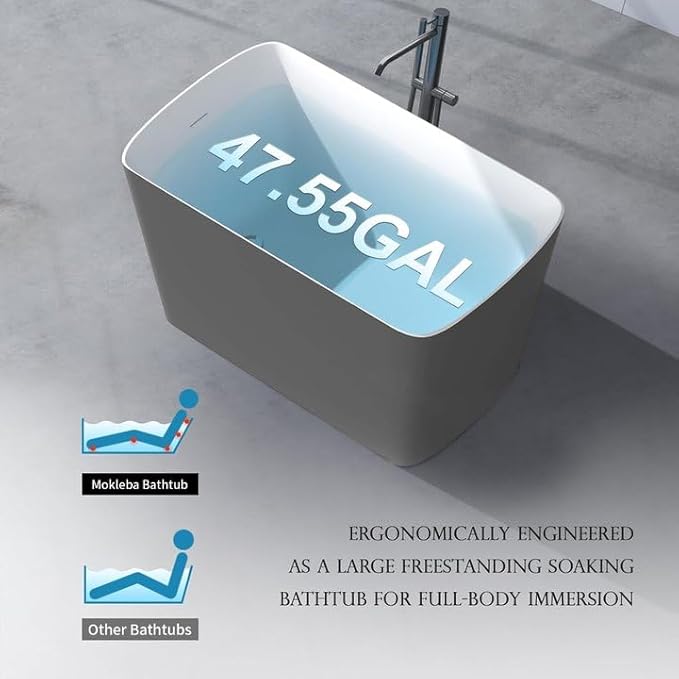 47" Lucite Acrylic Freestanding Bathtub，Square Shape Janpanese Soaking Tub,Toe-tap Chrome Right Drain, Slotted Overflow, cUPC Certified,Glossy 37°Gray
