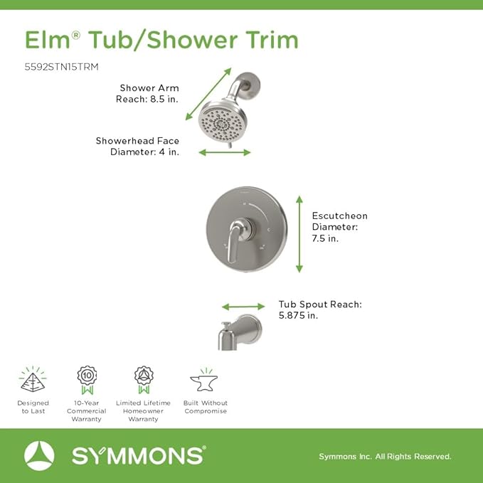 Elm Single Handle Wall Mounted Tub and Shower Trim Kit with Diverter Lever in Satin Nickel (Valve Not Included) - 5592STN15TRM