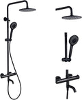3-Function Thermostatic Outdoor Shower Faucet Set, 8" Round Head Shower, Exposed Pipe Wall Mount with Constant Temperature, Matte Black with Height Adjustable Slide Bar ABS Handheld Sprayer