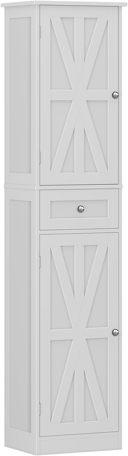 67" H Tall Bathroom Cabinet, Narrow Storage Cabinet with 2 Barn Doors and 1 Drawer, Freestanding Floor Cabinets with 6 Shelves for Bathroom, Living Room, Kitchen, White