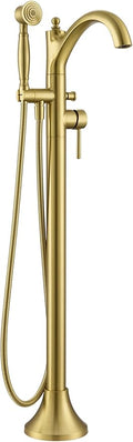Free Standing Tub Faucet, High Flow Rate Brushed Light Gold Classic Freestanding Tub Faucets with Hand Shower Brass Floor Mount Tub Filler （WT-9002BGZZ）