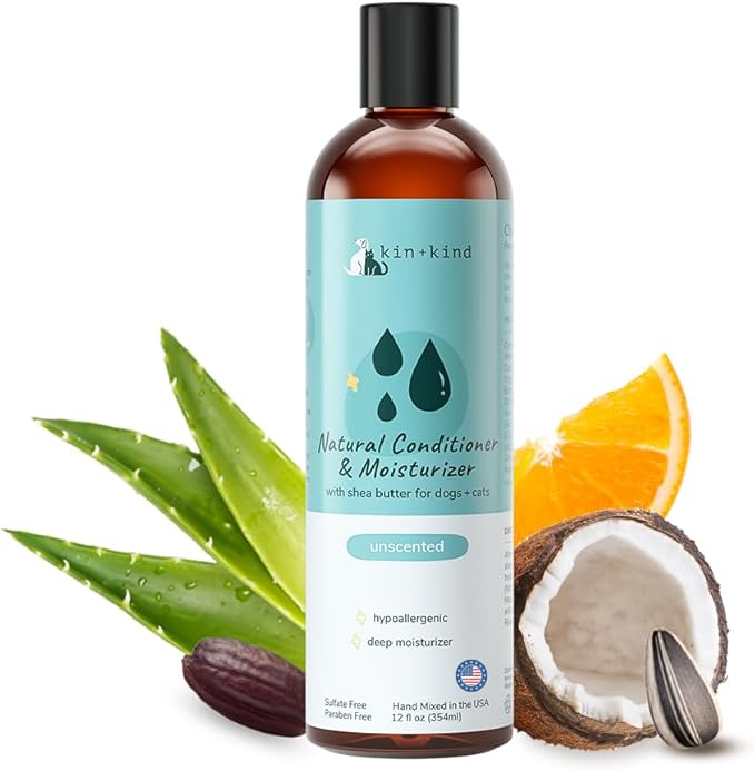 kin+kind Cat & Dog Conditioner with Shea Butter, Aloe & Betaine – All-Natural Pet Supplies to Moisturize, Soften & Restore Coat, Shed Control & Coat Defense for Dogs and Cats, Made in USA - 12 fl oz