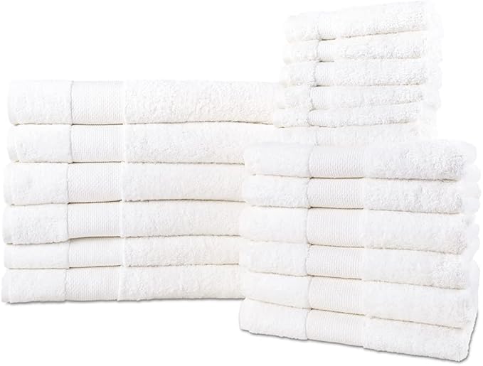 Hencely 18-Piece Bath Towel Set - High Absorbency, Quick Drying - 100% Soft Turkish Cotton - 6 Bath Towels, 6 Hand Towels, 6 Washcloths - for Bathroom, Home, Hotel, Spa, and Gym - 18-Pack White