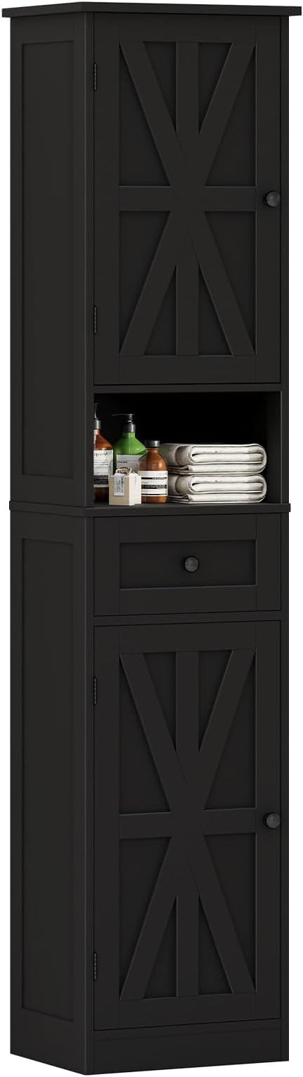 67" H Tall Bathroom Cabinet, Narrow Storage Cabinet with 2 Barn Doors and 1 Drawer, Freestanding Floor Cabinets with 5 Shelves and Open Storage Shelf for Bathroom, Living Room, Kitchen, Black