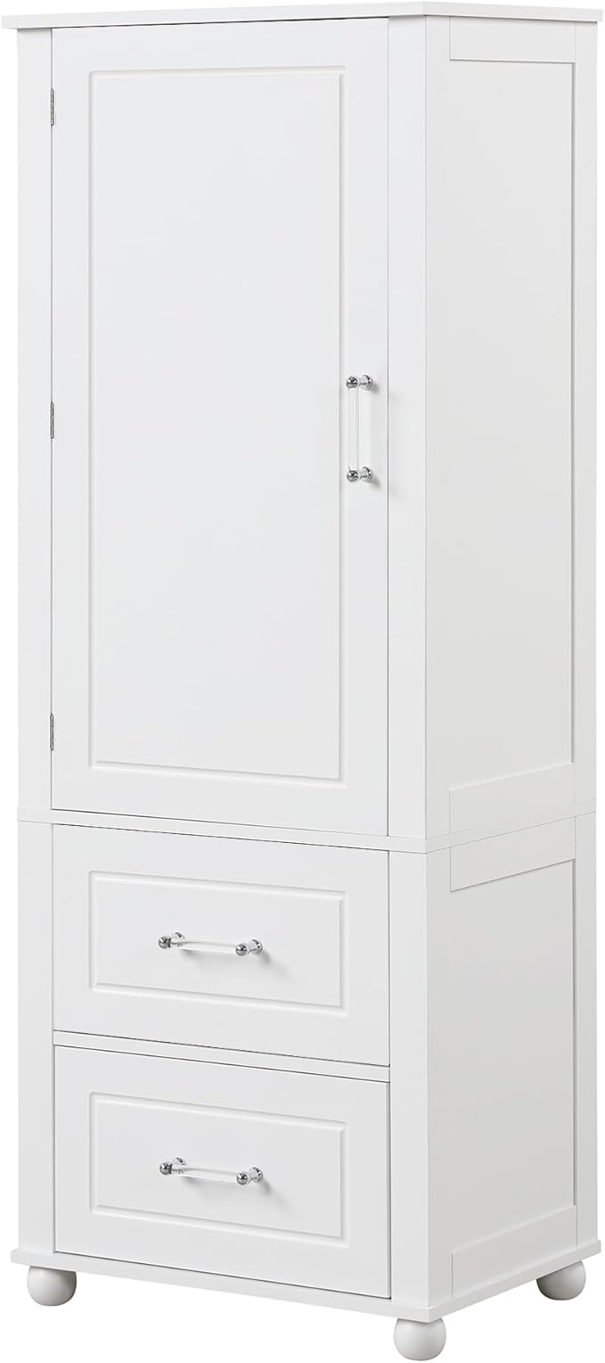 Tall Bathroom Storage Cabinet with Door and Shelves, Kitchen Pantry Linen with 2 Drawers for Home, Living Room, Dining Room, White