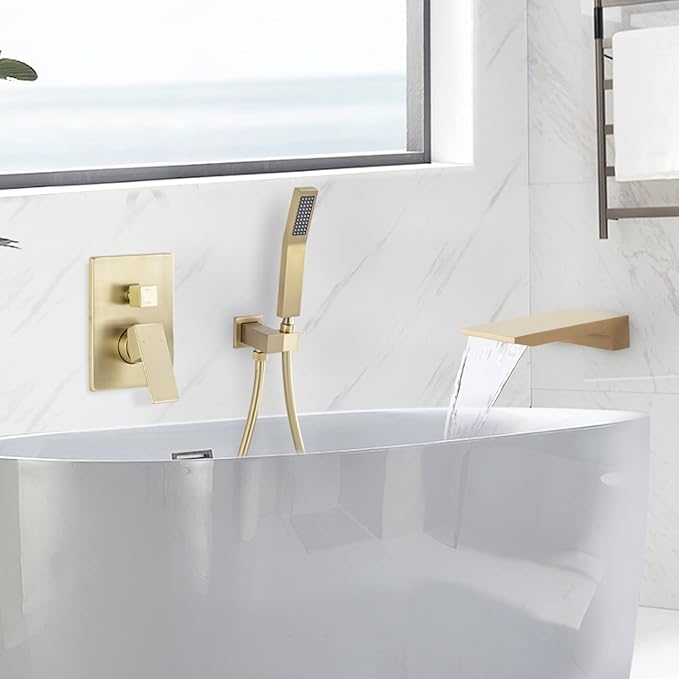 Wall Mount Roman Tub Filler Faucet Single Handle Bathroom Bathtub Faucet with Hand Sprayer Waterfall Tub Faucet with Hand Shower, Brushed Gold