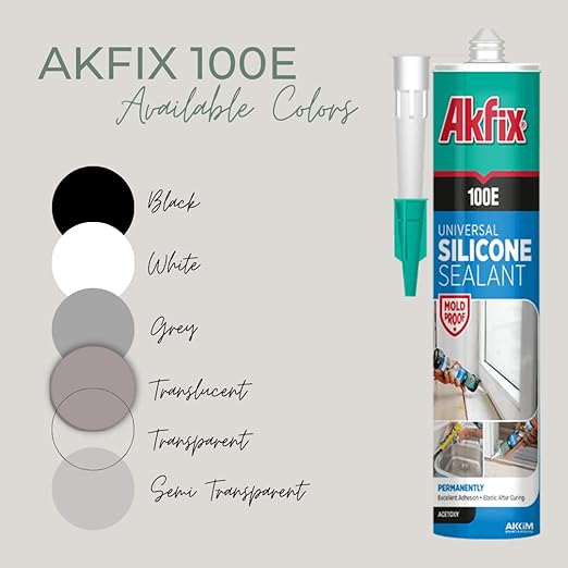 Akfix 100E RTV Clear Silicone Caulk (48x10.1 fl.oz.) - 100% Waterproof Silicone Sealant for Kitchen and Bathroom, Shower, Toilet, Sink, Window and Door, No Yellowing | Clear, 48 Pack