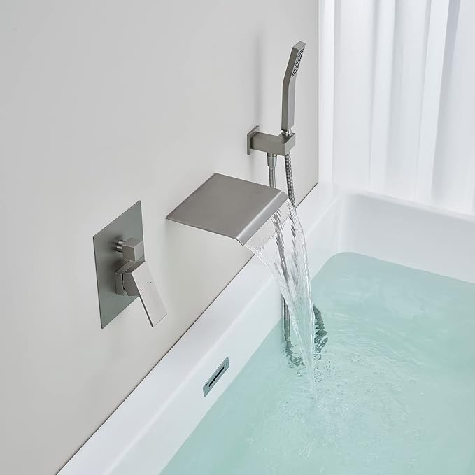 Wall Mount Tub Filler Waterfall Tub Faucet Brushed Nickel Bathtub Faucet Brass Single Handle Bathroom Faucet with Hand Shower