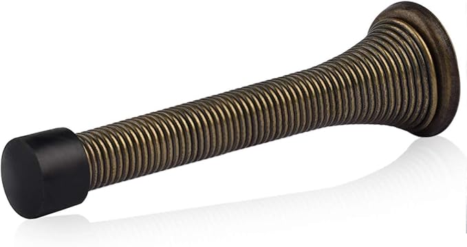 HOMOTEK 1 Pack Spring Door Stopper with Rubber Bumper 3-1/8" Flexible Spring Heavy Duty Wall Door Stop Low Mounted Door Bumper for Home (Antique Brass)