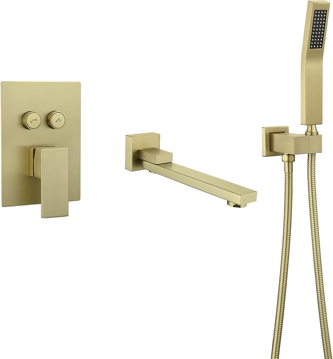 Wall Mount Bathtub Faucet Set Included 180°Swivel bathroom Tub Filler faucets and handheld Shower，high Flow Tub Spout with Solid Brass Push-button Diverter Pressure Balance Valve,Brushed Gold