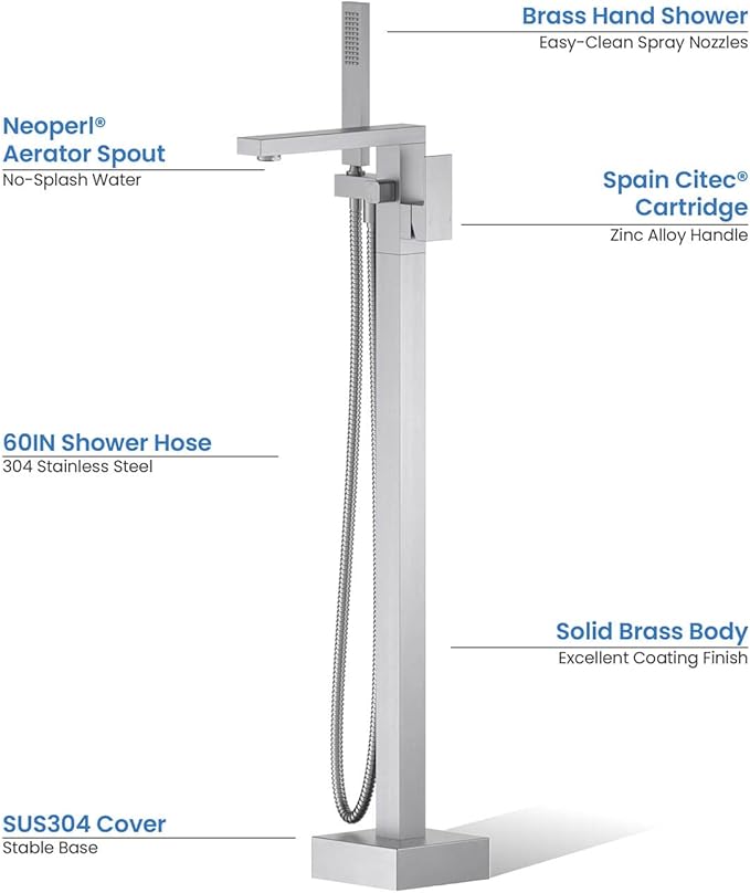 KIBI Cube Brushed Nickel Freestanding Bathtub Faucet ‑ Floor‑Mounted Brass Tub Filler | Single‑Handle Bathroom Faucets with Hand Shower, Ceramic Cartridge & Stainless Steel Hose (KTF302BG)
