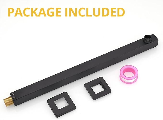 BESy 20 Inches Straight Extended Shower Arm With Flange, Rain Shower Head Extension Arms, Square Rod Head Extender Shower Pipe Extension, Wall-Mounted Matte Black Stainless Steel