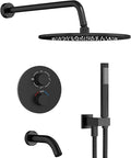 Gabrylly Thermostatic Shower System with Tub Spout, All Metal Bathtub Shower Faucets Set with Anti Scald Shower Valve, High Pressure 10" Rain Shower head with Handheld Spray Combo, Matte Black