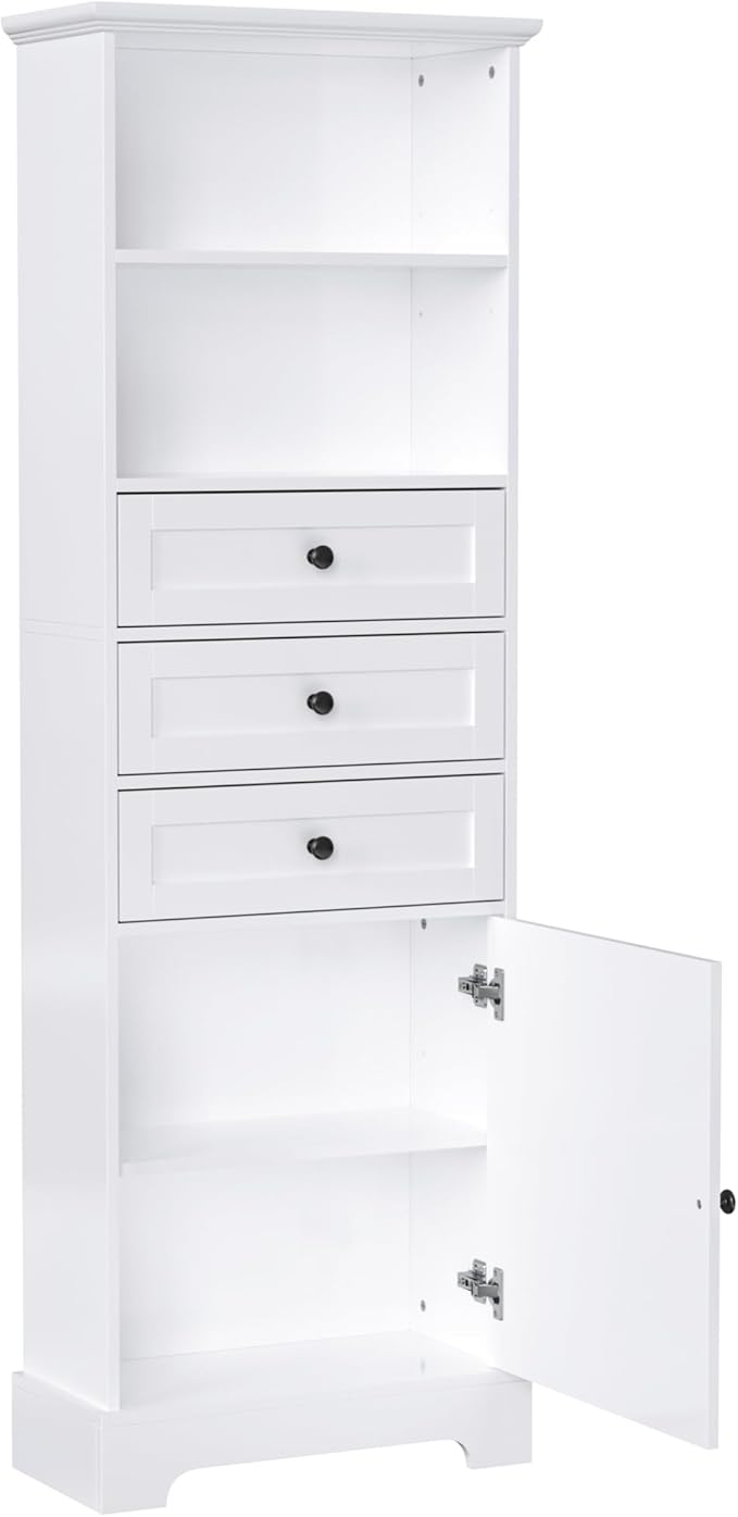 Favfurish 67" Tall Bathroom Storage Cabinet with Door and 3 Drawers,Modern Linen Cabinets w/Adjustable Shelf & 2-Tier Open Shelves,Freestanding Organizer for Bath Room,Study,Office,White