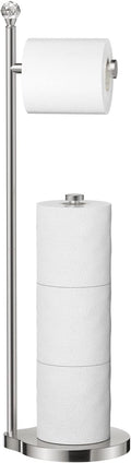 Toilet Paper Holder for Bathroom, Heavy Weighted Metal Free Standing Toilet Paper Storage with Crystal Ball, Toilet Paper Stand for Bathroom Accessories, Brushed Nickel [Holds MEGA Rolls]
