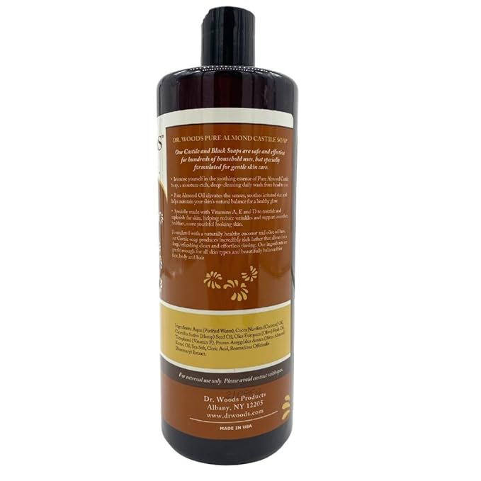 Dr. Woods Pure Almond Oil Liquid Castile Soap - Natural Cleanser for Face, Hands, and Body, for Men and Women - 32 Fl Oz