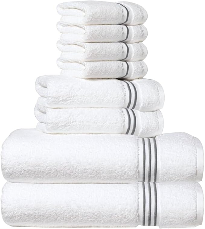 8-Piece Premium Towel Set, 2 Bath Towels, 2 Hand Towels, and 4 Wash Cloths, 100% Ring Spun Cotton Highly Absorbent Towels for Bathroom, Gym, Hotel, and Spa