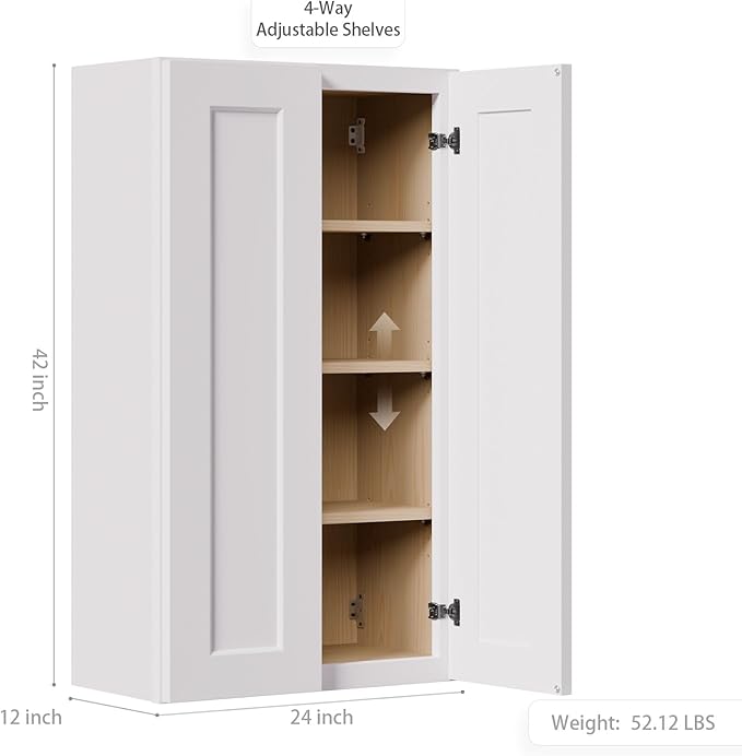 Solid Wood Kitchen Wall Cabinets, 24 Inch Wide Over The Toilet Storage Cabinet, Bathroom Organizer Cabinets with 2 Shaker Door & 3 Shelves, Easy Assembly for Dining Room, Laundry - White