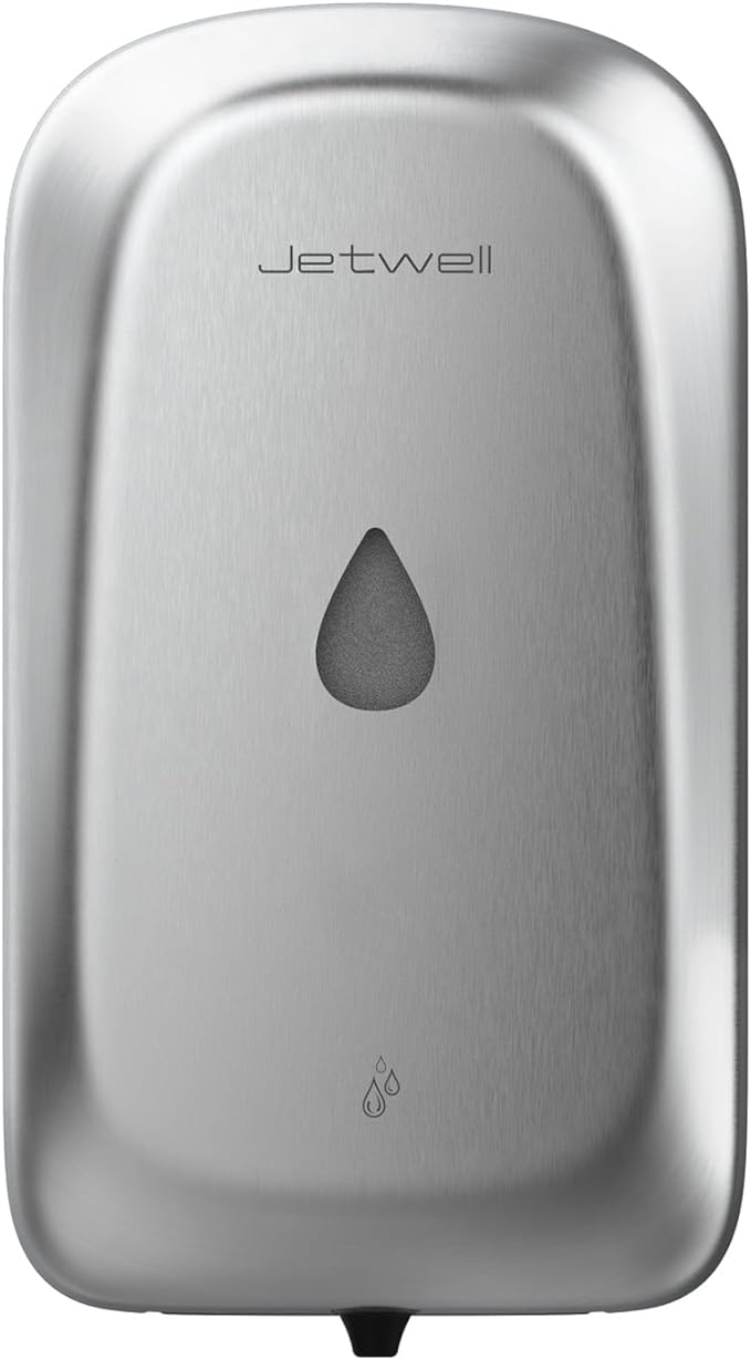 JETWELL Automatic Touch-Less Wall Mount Hand Soap Dispenser Liquid Drop Battery Operated, Brushed Stainless Steel Cover Large Capacity 34OZ/1000ML for Kitchen Home Commercial Bathroom
