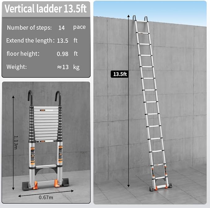 Telescoping Ladder,13.5FT Aluminum Multi-Purpose Collapsible Ladder with Stabilizers and Hooks,Jiashche Portable Extension Ladder for RV or Outdoor Work Silver,330lb Max Capacity