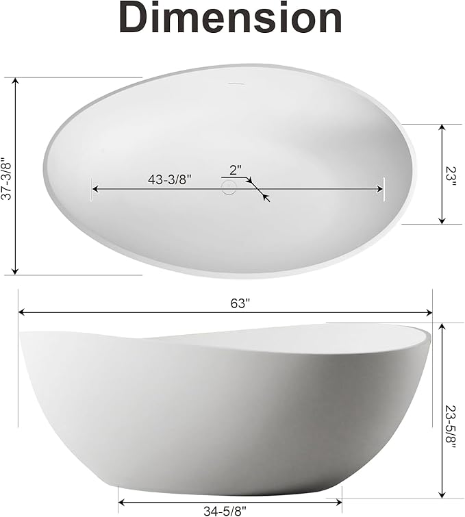 63 Inch Stone Resin Freestanding Bathtub, Modern Oval Soaking Bathtubs Tubs, Contemporary Solid Surface Bathtubs with Overflow and Pop-up Drain, Matte White