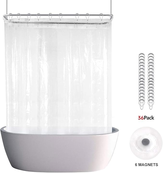 Clawfoot Tub Shower Curtain 180x70 Inch Clear Liner All Warp Around Extra Wide 36 Metal Hooks Heavy Duty Vinyl Bath Curtain for Clawfoot Stand Up Tub Bathroom PEVA Waterproof Magnet
