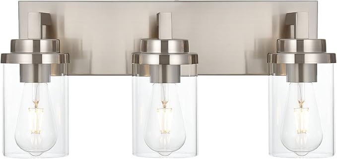 MELUCEE 3-Light Vanity Lights Brushed Nickel with Clear Glass Shade, Modern Bathroom Light Fixtures Industrial Wall Light for Bedroom Kitchen Living Room