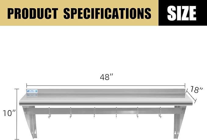 Hally Stainless Steel Shelf with 6 Hooks 18" x 48" Wall Mounted Pot Rack 400lb, NSF Commercial Floating Shelving for Storage Hanging Pots, Pans, cookware in Restaurant, Kitchen, Home and Hotel
