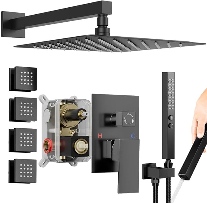 Shower Faucets Sets Shower System with Body Jets, Bostingner 10" Rain Shower Head with 2 In 1 Handheld Spray and 4 Jets, Wall Mounted All Metal 3 Way Shower Set with Valve and Trim Kit, Matte Black