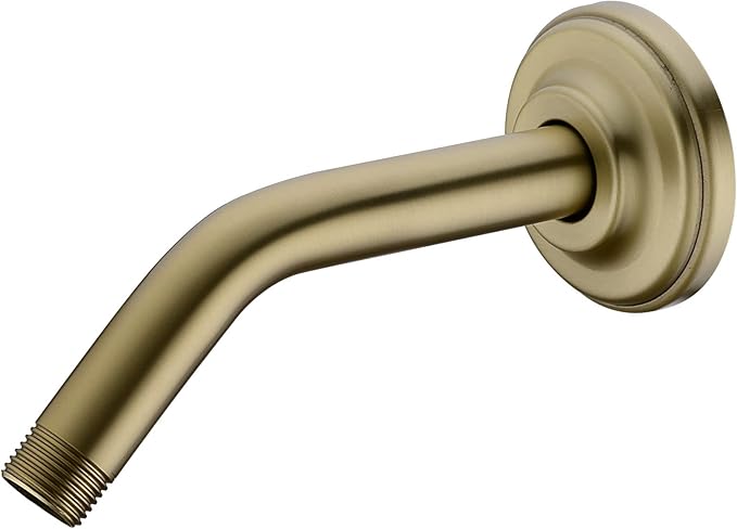 6 Inch Brushed Gold Angled Shower Arm with Flange, Stainless Steel Curved Shower Head Pipe Wall Mounted Extension Shower Neck Rain Rod