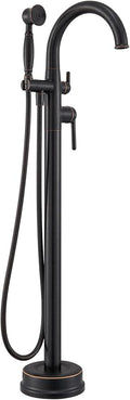 Freestanding Tub Faucets Bathroom Floor Mounted Waterfall Tub Filler Brass High Flow Swivel Spout&Hand Shower Oil Rubbed Bronze