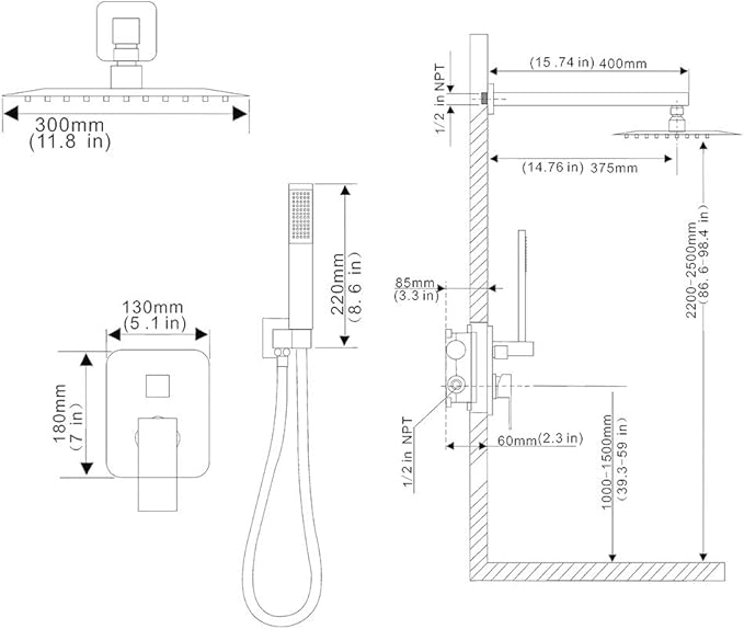 Shower Faucet Set Complete, Wall Mount Shower System for Bathroom 12 Inch High-Pressure Rainfall Shower with Handheld, Rough-in Valve Body and Trim Kit, Brushed Nickel