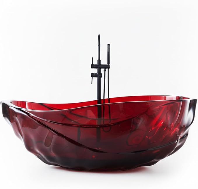 Cpingao 67" Resin Translucent Freestanding Bathtub, Modern Oval Stand Alone Tubs, Contemporary Transparent Resin Freestanding Bath 1700 MM with Drain Fiery Red 8852-1700-RED