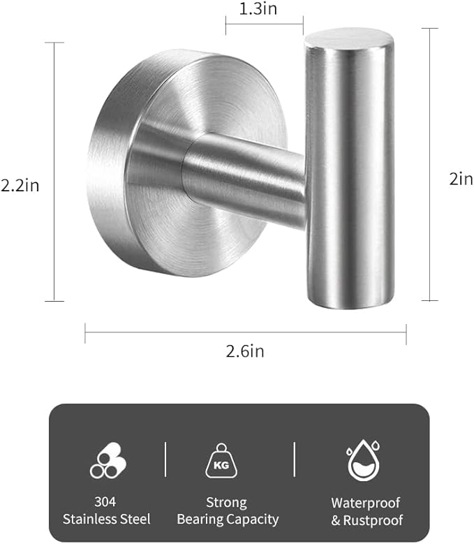 Vuzvuv 2-Pack Silver Brushed Nickel Towel Hooks, SUS304 Stainless Steel Waterproof Coat Robe Holder, Heavy Duty Wall-Mounted Hooks for Bathroom, Kitchen, Hotel (Drilling)