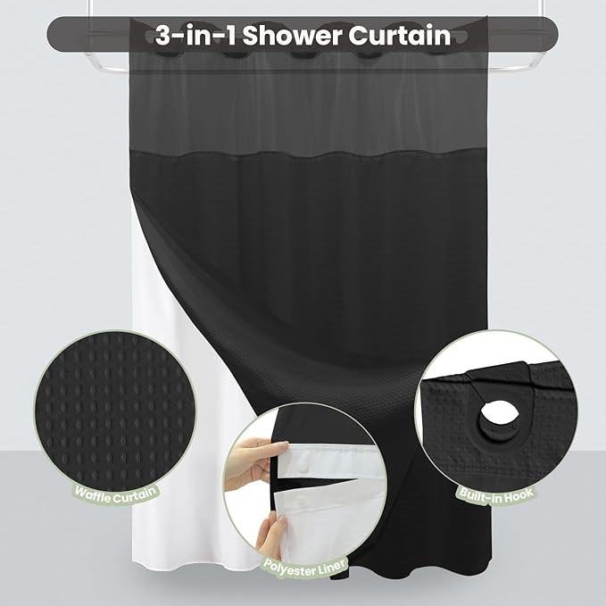 Inhousolu Extra Long No Hook Shower Curtain with Snap in Fabric Liner Set Waffle Weave 230GSM Weighted Hem, Waterproof & Washable Bathroom Curtain Spa Luxury with Mesh Top Window 72" W x 84" L Black
